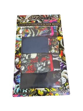 4 Ed Hardy Men’s Cotton Stretch Boxer Briefs Tattoo Print & Solid Gift Set NIB